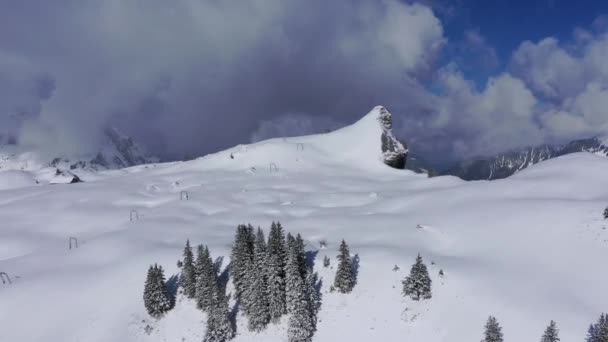 Flight Snow Capped Mountains Swiss Alps Winters Day Aerial Footage — Stock Video