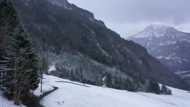 Gran Paisaje Invierno Vuelo Sobre Montañas Cubiertas Nieve Imágenes Aéreas — Vídeos de Stock