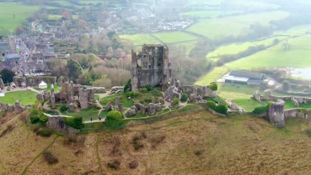 Corfe Castle Anglii Letecké Záběry — Stock video