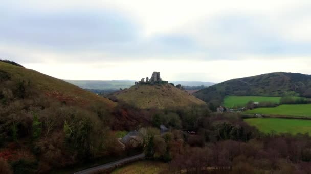 Corfe Castle England Aerial View Footage — Stock Video