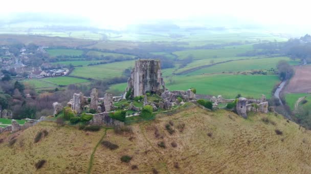 Voo Torno Castelo Corfe Inglaterra Imagens Aéreas — Vídeo de Stock