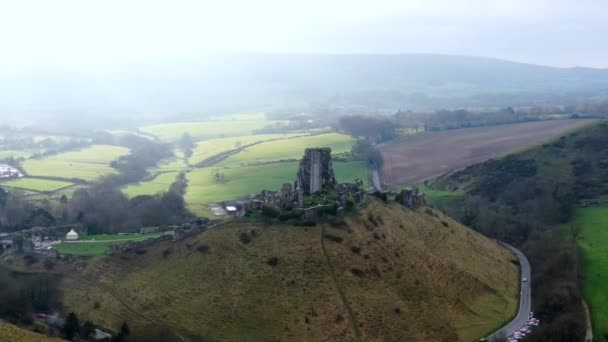 Corfe Castle Anglii Letecký Pohled Letecké Záběry — Stock video