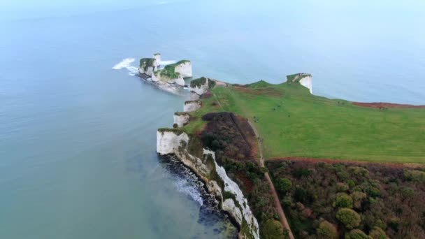 Old Harry Rocks England Аэрофотосъемка — стоковое видео