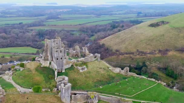 Zbor Jurul Castelului Corfe Din Anglia Imagini Vedere Aeriană — Videoclip de stoc