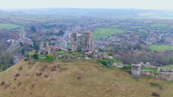Amazing Corfe Castle Din Anglia Sus Imagini Vedere Aeriană — Videoclip de stoc