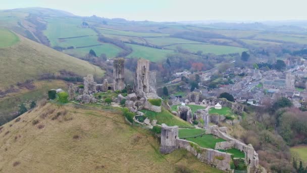 Château Corfe Angleterre Séquences Vue Aérienne — Video