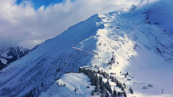 Vuelo Sobre Montañas Nevadas Los Alpes Suizos Día Invierno Fotografía — Foto de Stock