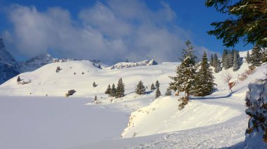 Alplerdeki harika karlı kış manzarası - hava manzarası - seyahat fotoğrafçılığı
