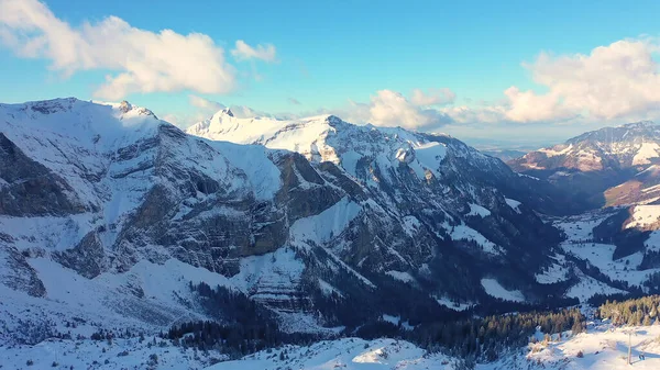 Flight Snow Capped Mountains Swiss Alps Winters Day Aerial Photography — Stok fotoğraf