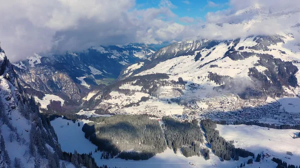 Flight Snowy Mountains Winter Wonderful Swiss Alps Aerial Photography — Stok fotoğraf
