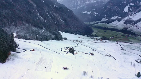 Bella Valle Engelberg Svizzera Inverno Volo Aereo Drone Fotografia Aerea — Foto Stock