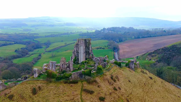 Amazing Corfe Castle in England from above - aerial view — Stock Photo, Image