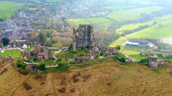 Amazing Corfe Castle in England from above - aerial view — Stock Photo, Image