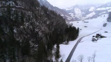 Alplerdeki inanılmaz karlı köknar ormanı - romantik kış sahnesi - hava görüntüsü