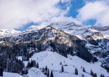 Wonderful snowy winter landscape in the Alps - aerial view