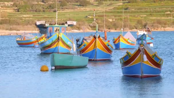 Kolorowe Łodzie Rybackie Zatoce Marsaxlokk Malcie Island Malta Malta Marca — Wideo stockowe