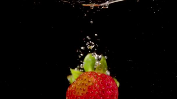 Свежая клубника падает в воду - замедленная съемка — стоковое видео