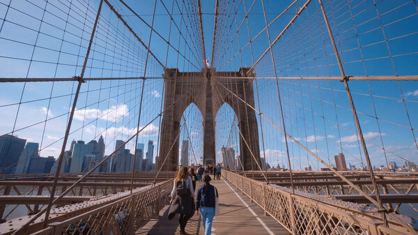 Impressive Brooklyn Bridge New York - amazing wide angle shot - NEW YORK CITY, UNITED STATES - APRIL 2, 2017