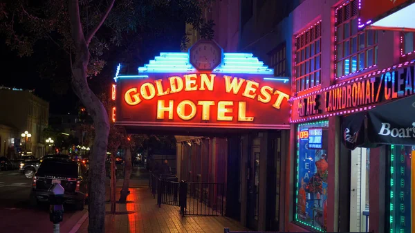 Golden West Hotel at historic Gaslamp Quarter San Diego by night - CALIFORNIA, USA - MARCH 18, 2019 — Stock Photo, Image