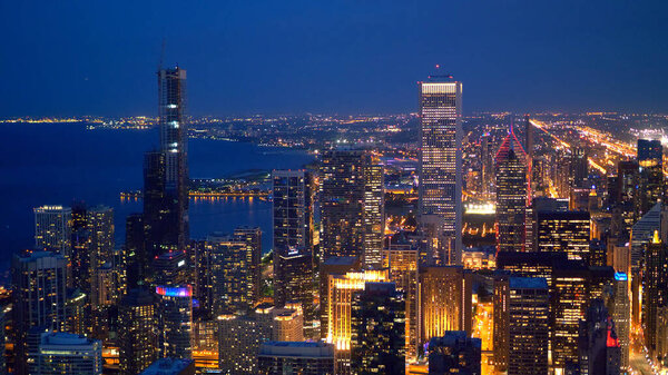 The skyscrapers of Chicago aerial view by night - CHICAGO, USA - JUNE 11, 2019