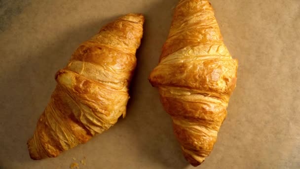 Croissants Franceses Recién Horneados Material Archivo Alimentos — Vídeo de stock