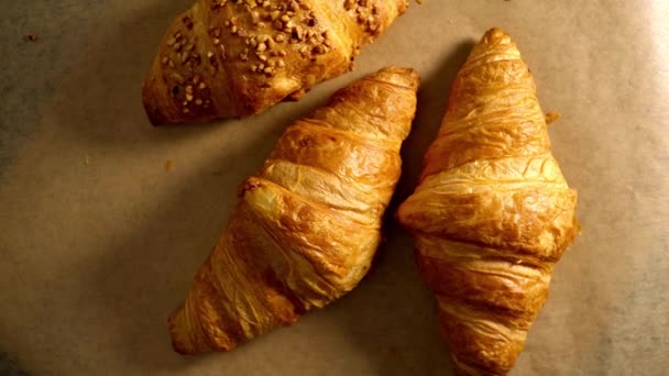 Croissants Franceses Recién Horneados Material Archivo Alimentos — Vídeo de stock