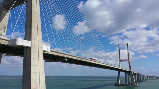 Famous Vasco Gama Bridge River Tejo Lisbon Aerial Drone Footage — 비디오