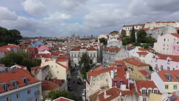 Uitzicht Vanuit Lucht Historische Wijk Alfama Lissabon Beelden Van Drone — Stockvideo