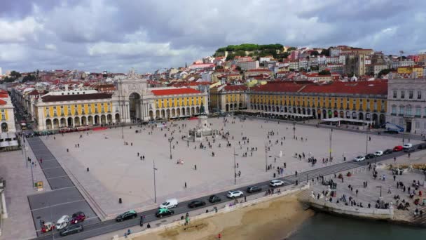 Luftaufnahme Über Den Handelsplatz Lissabon Genannt Praca Comercio Der Zentrale — Stockvideo