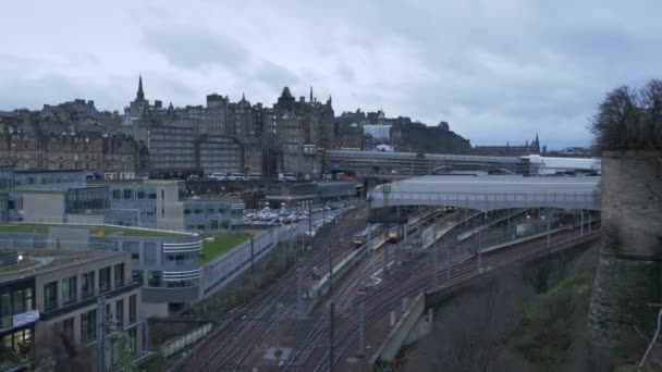 Aerial view over Waverly station in Edinburgh — Stock Video