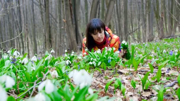 Eine schöne Frau genießt blühende Schneeglöckchen in einem Frühlingswald — Stockvideo
