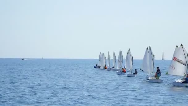 No mar pequenos barcos de treinamento de vela com crianças velejam. As crianças aprendem a gerenciar veleiros, iates, barcos. Um dia de verão claro, um mar mediterrâneo calmo, uma marina em Atenas — Vídeo de Stock