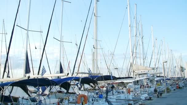 Beaucoup de beaux voiliers et catamarans amarrés à la jetée dans la marina grecque à Athènes, la mer Méditerranée, une matinée d'été claire. Vue de la jetée — Video