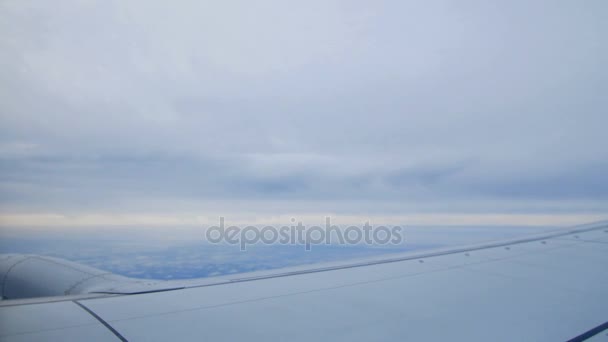View from the airplane window, can be seen the wing of an airplane, landscapes blue sky, meadows, fields, clouds. A birds eye view — Stock Video