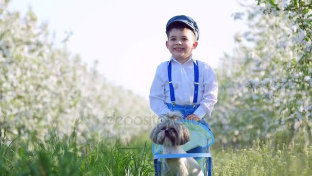 Веселий, милий сільський хлопчик з маленьким собакою, маленький фермер — стокове відео