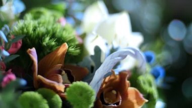 yakın-up, nergis zambağı beyaz, gül lydia, Santini, ışık, döndürme, ışınları içinde çiçek buketi oluşur cineraria, okaliptüs, Ivy geniş, Barbatus, feverweed, Cymbidium orkide,