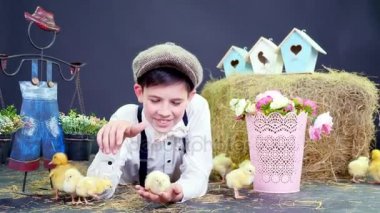 Köy, şık sevimli çocuk oynamaya ducklings ve tavuk, stüdyo tematik dekor ile video ile giyinmiş. Samanlık, kuş evleri ve çiçek renkli bir arka planda.