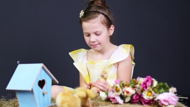 Retrato, uma linda menina brincando com pequenos patinhos amarelos. Studio vídeo com decoração temática. No fundo um palheiro, casas de pássaros coloridas e flores . — Vídeo de Stock