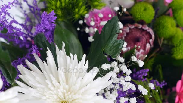 Nahaufnahme, Blick von oben, Blumen, Strauß, Rotation, florale Komposition besteht aus Chrysantheme Anastase, Zigeunerblume, Solidago, Barbatus, Protea, Nelke, Gerbera, — Stockvideo