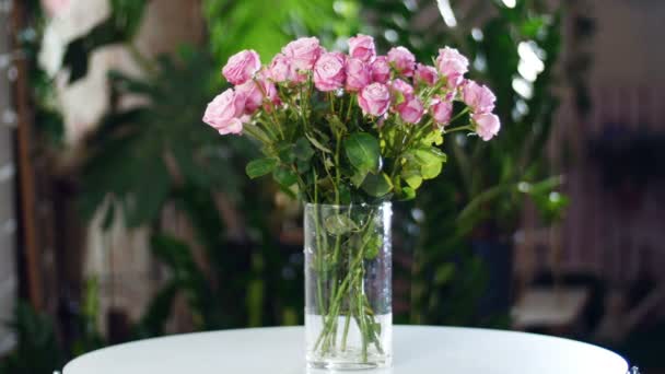 Ramo de flores en los rayos de luz, rotación, la composición floral consta de rosas rosadas, belleza divina — Vídeos de Stock