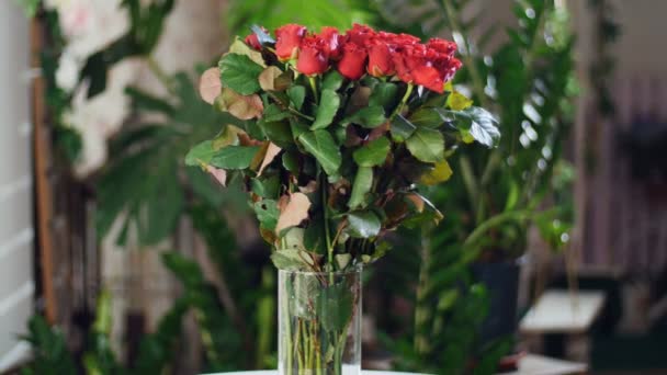 Blumenstrauß in den Lichtstrahlen, Rotation, die florale Komposition besteht aus roten Rosen el toro. Im Hintergrund viel Grün. göttliche Schönheit — Stockvideo
