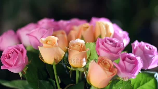 Крупным планом, букет цветов в лучах света, вращение, цветочная композиция состоит из розовой и оранжевой Розы аква. на заднем плане много зелени. божественная красота — стоковое видео