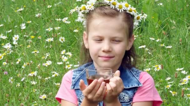洋甘菊的草坪上，一个可爱的女孩，在洋甘菊，花圈从玻璃杯子喝菊花茶和漂亮微笑 — 图库视频影像