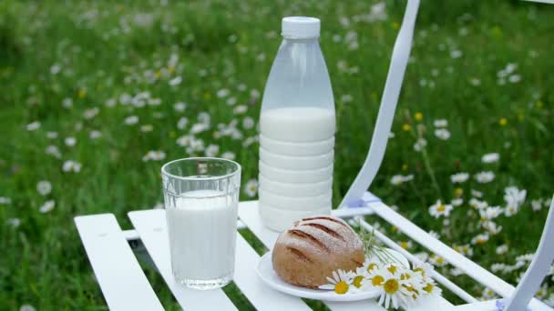 En el medio de un césped de manzanilla, en una silla blanca es una botella de leche, También hay un vaso de leche, y pan. Cerca hay un ramo de manzanillas — Vídeos de Stock