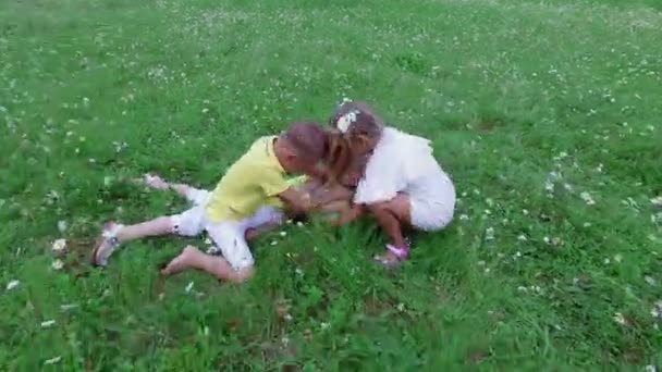 Kinder spielen Ball, liegen auf dem Rasen, zwischen den Gänseblümchen, nehmen einander den Ball weg. Sie haben Spaß. Sommer, draußen, im Wald. Urlaub mit Kindern — Stockvideo