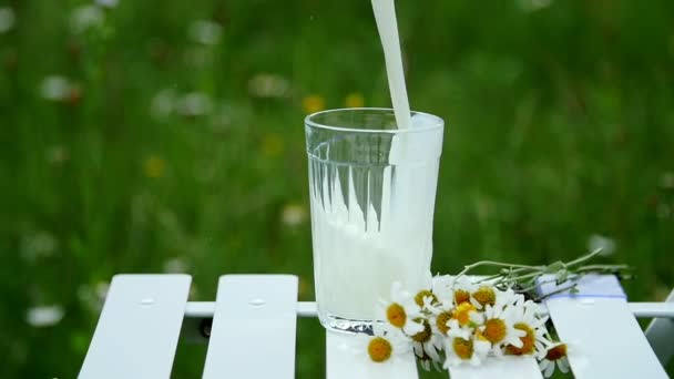 クローズ アップ。減速。ガラス ビーカーに牛乳を注ぐ。デイジーの花束の横にあります。背景には、緑のデイジー草原です。 — ストック動画
