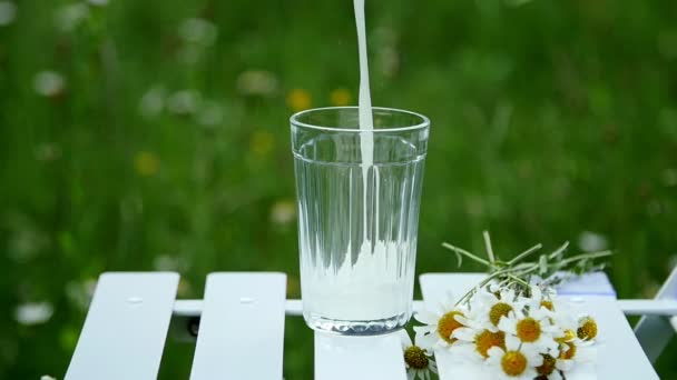 クローズ アップ。減速。ガラス ビーカーに牛乳を注ぐ。デイジーの花束の横にあります。背景には、緑のデイジー草原です。 — ストック動画