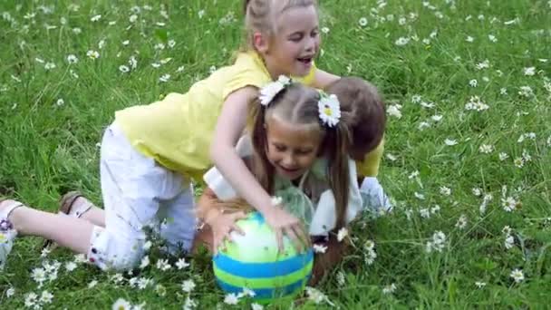 Los niños juegan a la pelota, se acuestan en la hierba, entre las margaritas, se quitan la pelota, se divierten. Verano, al aire libre, en el bosque. Vacaciones con niños — Vídeo de stock