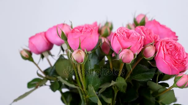 detail, květiny, kytice, rotace na bílém pozadí, květinová kompozice se skládá z růžových růží ve tvaru Pinďa