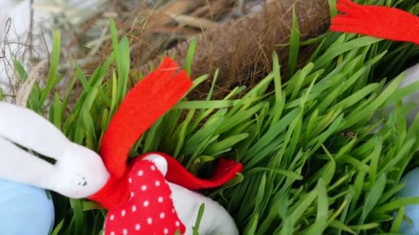 Γκρο πλαν, θέα από ψηλά, περιστροφή, το εορταστικό Πάσχα σύνθεση αποτελείται από χρωματιστά αυγά, πράσινη χλόη νέους και μαλακό σχήματα της λευκής bunnies Πάσχα στο κόκκινο κασκόλ — Αρχείο Βίντεο